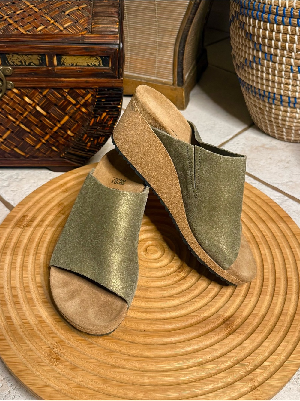 Birkenstock Papillio Namica Washed Metallic Stone Gold Suede Wedge Sandals 38